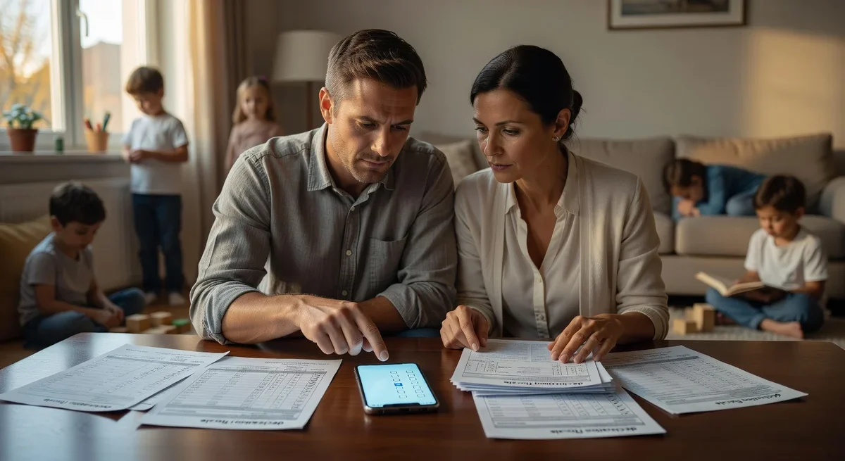 Famille avec enfants discutant de leur déclaration fiscale, documents et smartphone en vue