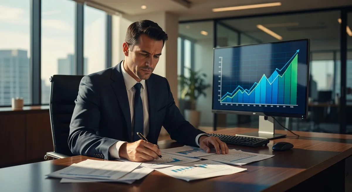 Entrepreneur dans un bureau moderne analysant des documents financiers et un graphique de bénéfices sur un écran