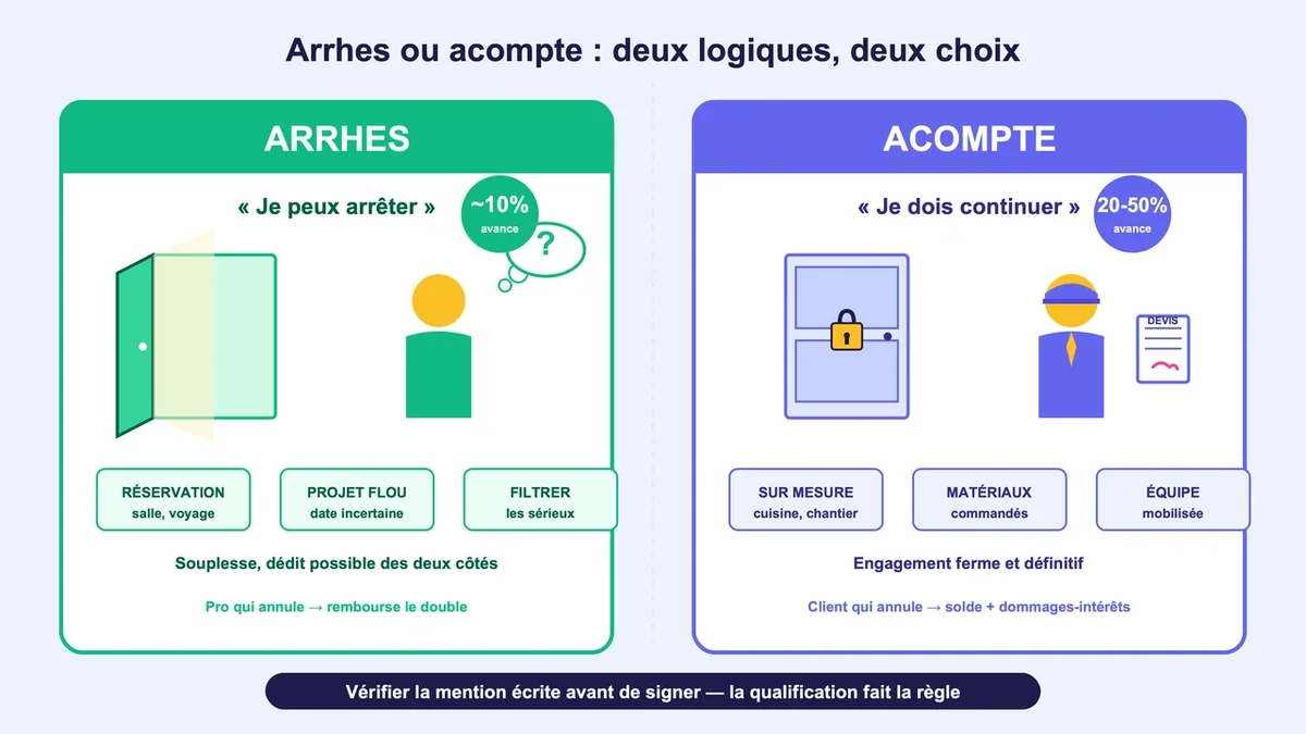 Pictogrammes de clients et prestataires discutant des différences entre arrhes et acomptes