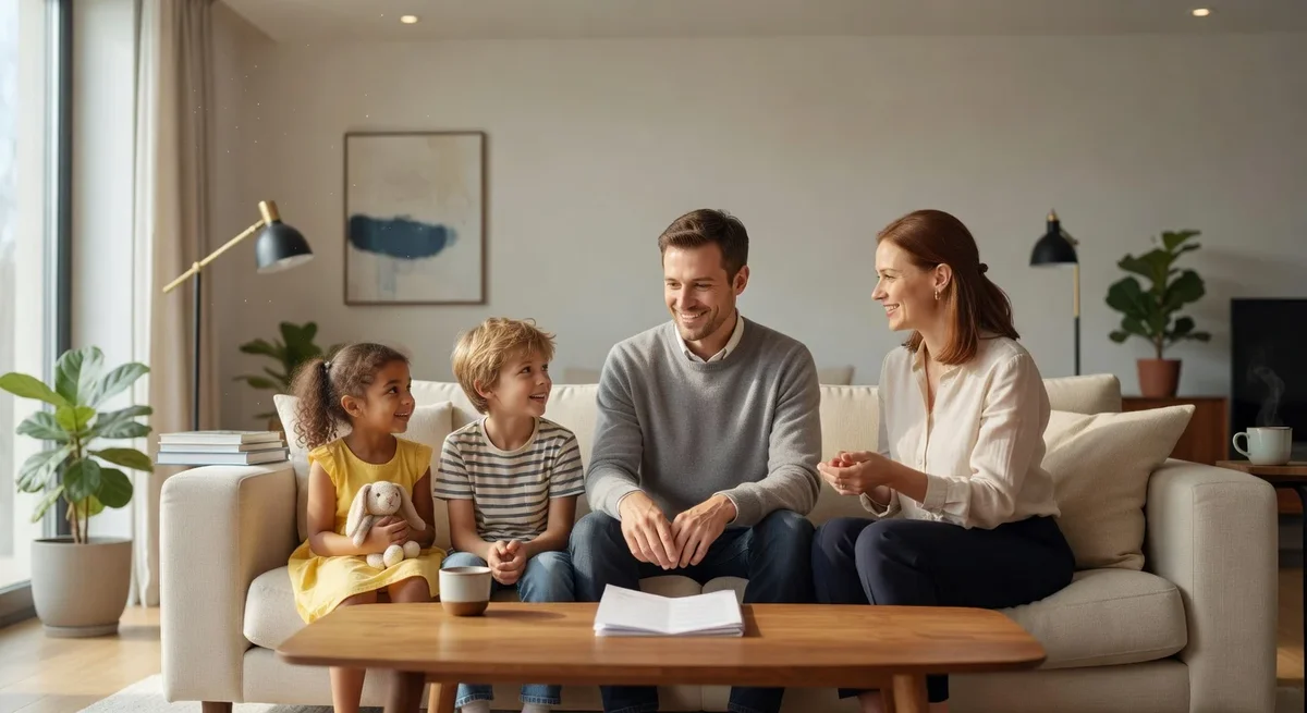 Famille souriante discutant dans leur salon, document officiel sur la table, ambiance calme et positive