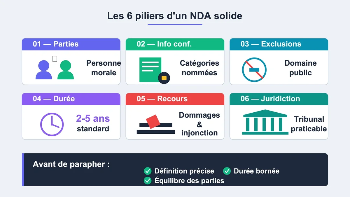 Icônes représentant les six éléments clés d'un NDA, illustrant chaque aspect essentiel de l'accord