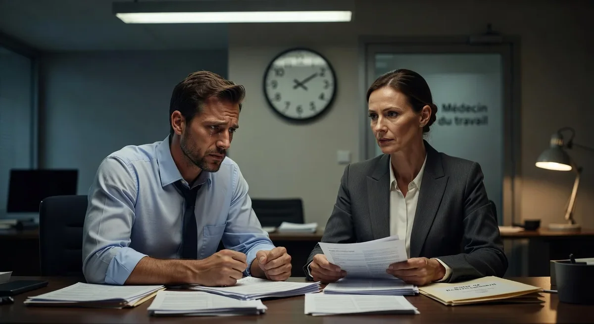 Employé inquiet discutant avec son supérieur dans un bureau, documents de licenciement visibles