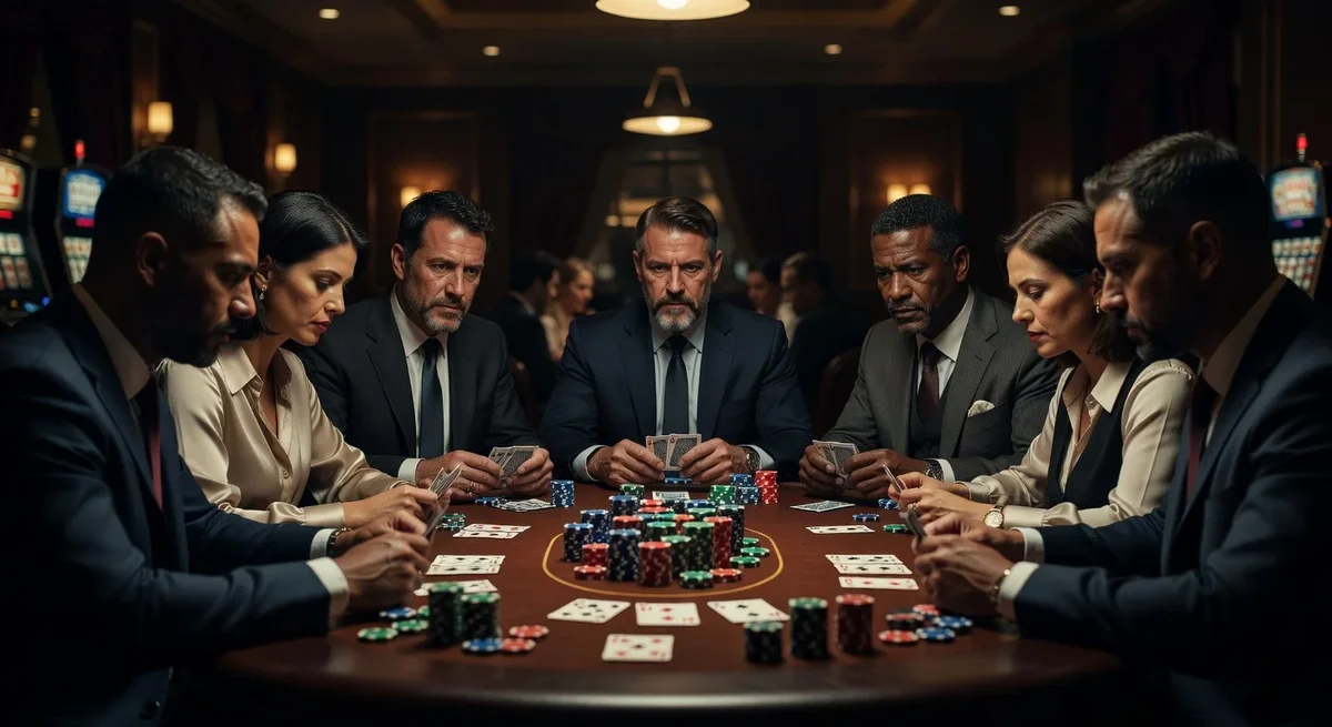Joueurs de poker concentrés autour d'une table, ambiance tendue avec jetons et lumières tamisées