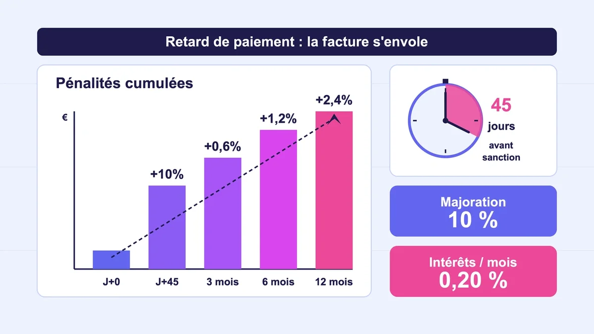 Graphique des pénalités de retard avec un timer et des pourcentages d'intérêts croissants