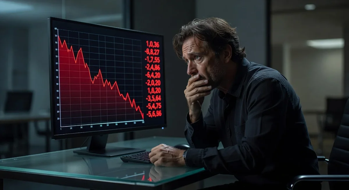 Personne anxieuse devant un graphique rouge montrant une chute des performances financières après un effet de levier
