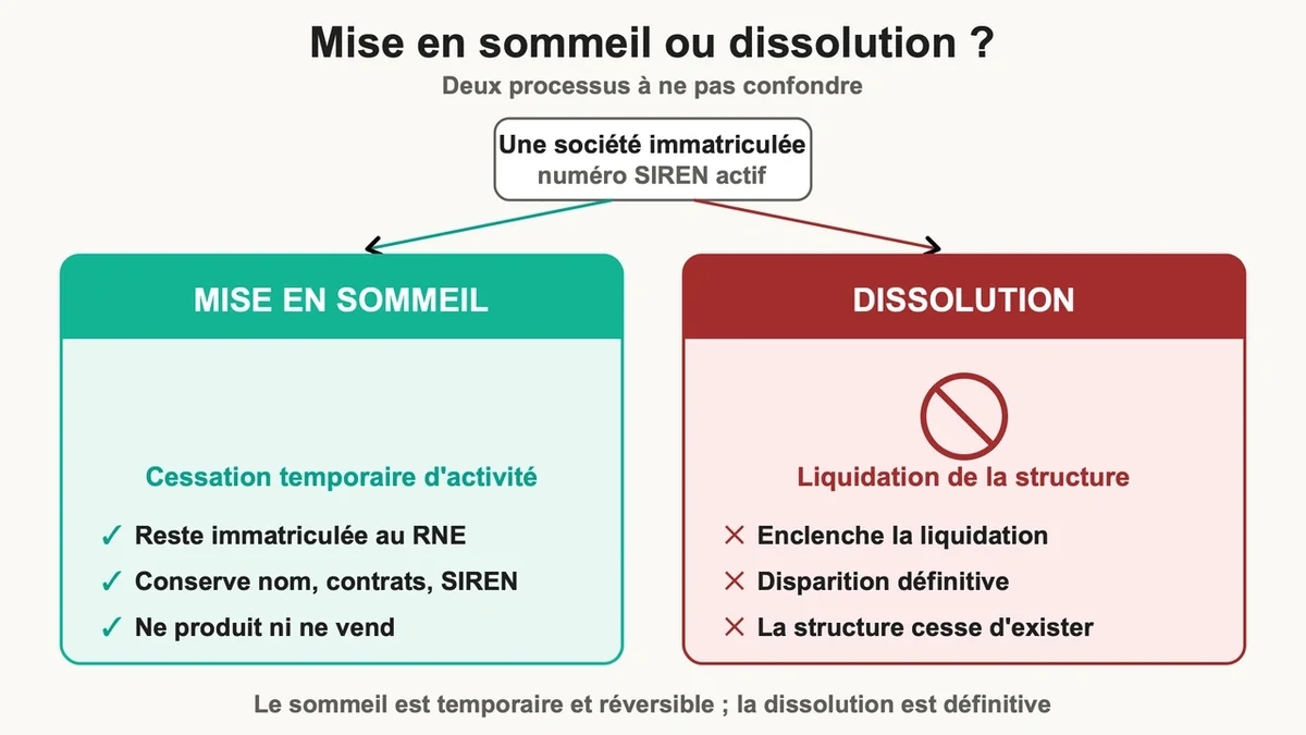 Schéma comparatif illustrant la mise en sommeil et la dissolution d'une société avec des éléments visuels distincts