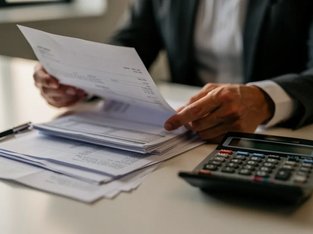 Personne examinant une fiche de paie avec une calculatrice et des documents sur un bureau d'office
