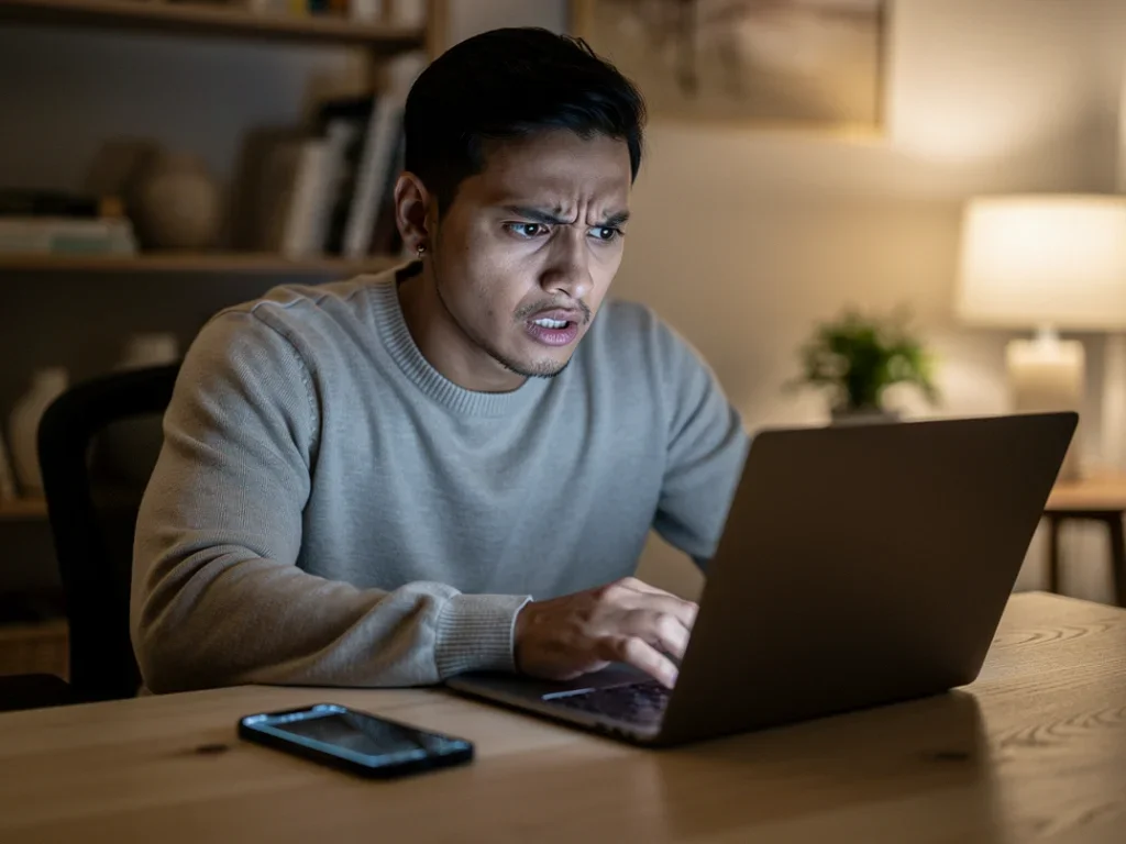 Personne en train de taper rapidement sur un ordinateur portable avec une expression inquiète dans un bureau à domicile