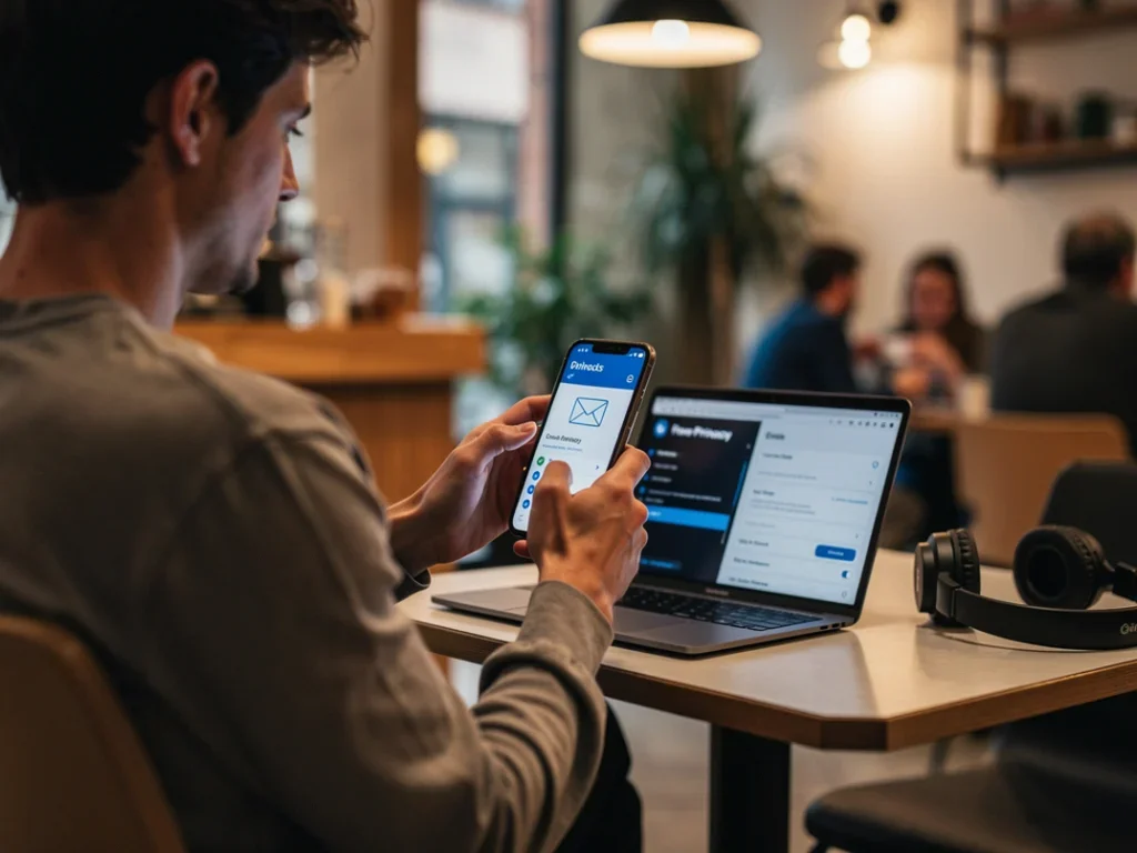 Personne utilisant un smartphone pour créer une adresse email masquée dans un café moderne et confortable