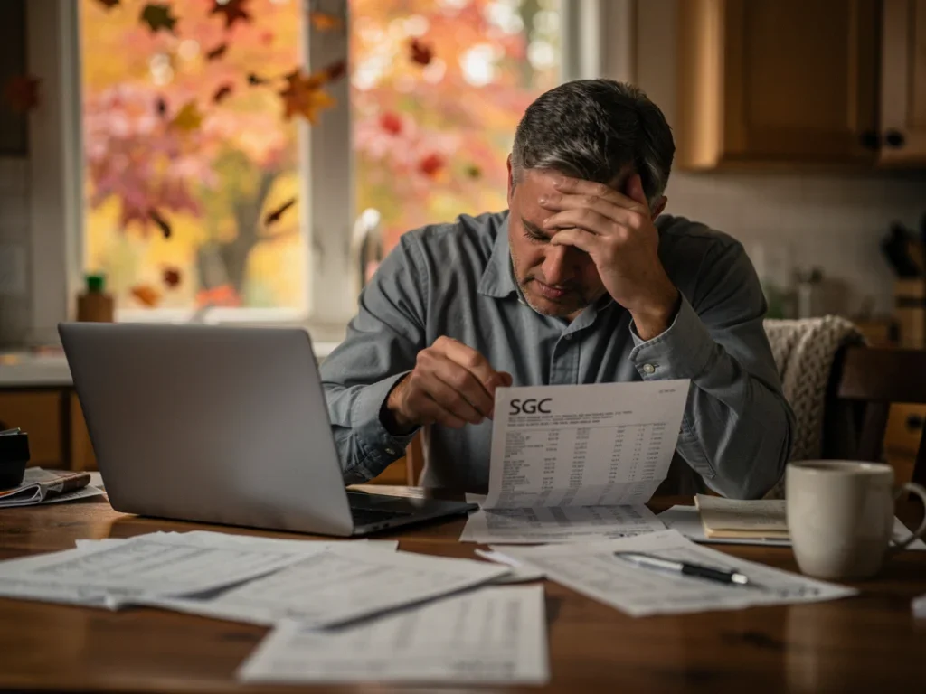 Propriétaire stressé consultant ses relevés bancaires avec des feuilles d'automne en arrière-plan