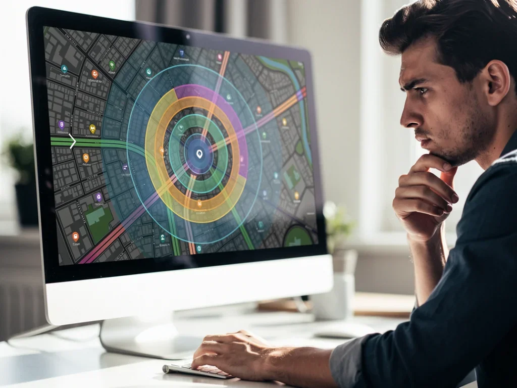 Personne perplexe devant un écran avec une carte dynamique et des cercles concentriques de géolocalisation IP