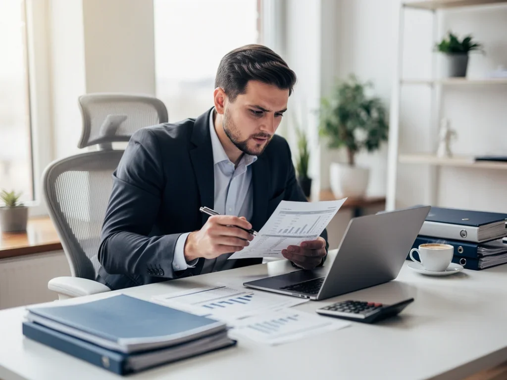 Entrepreneur analysant des revenus et dépenses à un bureau avec un ordinateur portable et des documents financiers