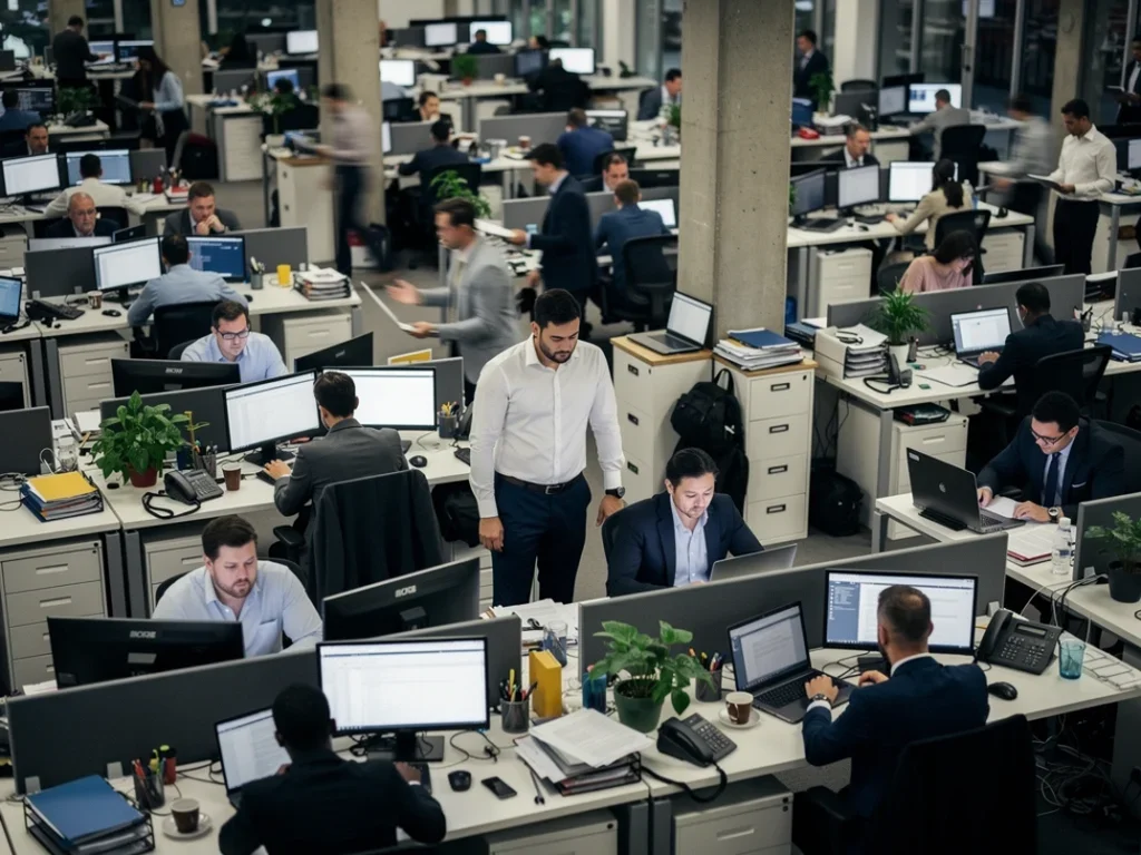 Bureau ouvert animé avec des employés cherchant des places de travail, ambiance chaotique