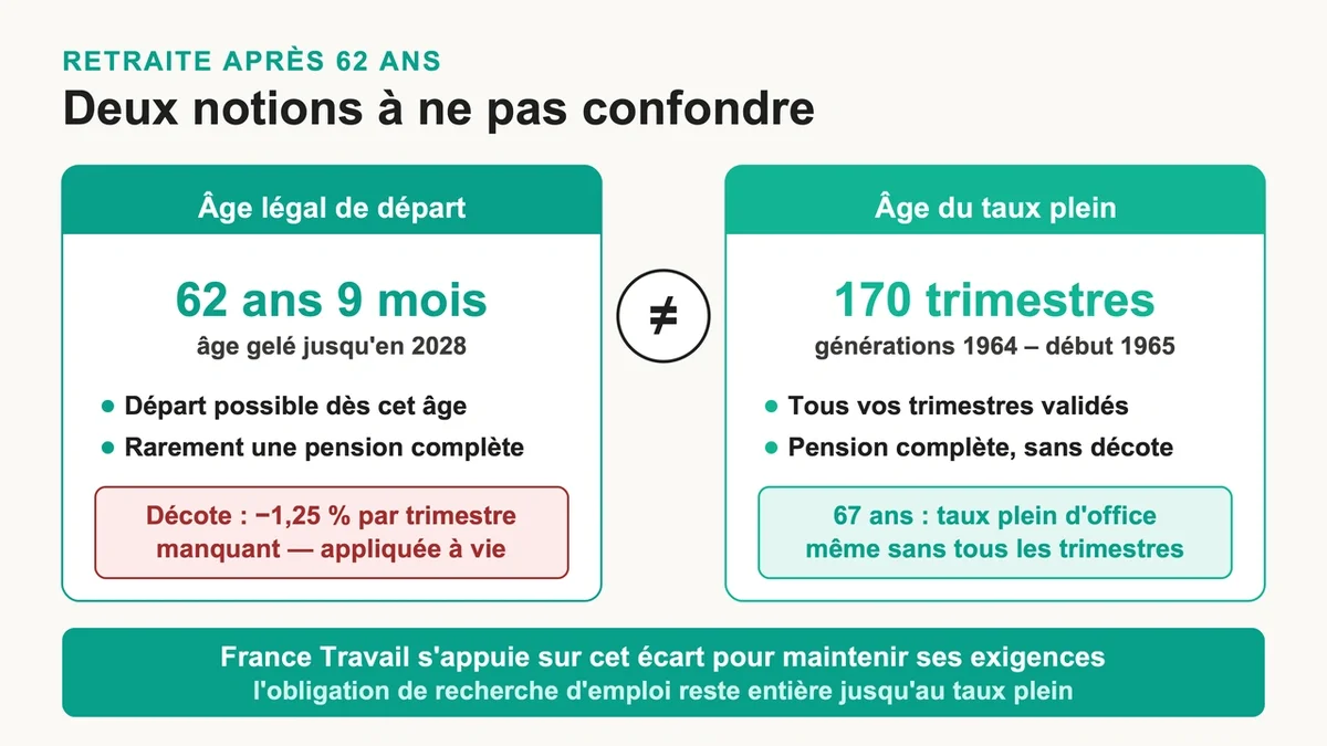 Infographie montrant les âges de départ en retraite et d'obtention de la pension complète en France