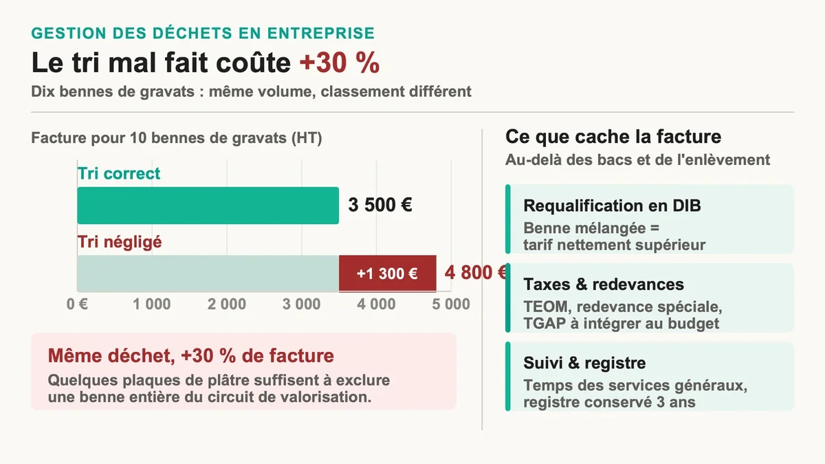 Benne à déchets mélangés dans une entreprise montrant les coûts liés au tri négligé